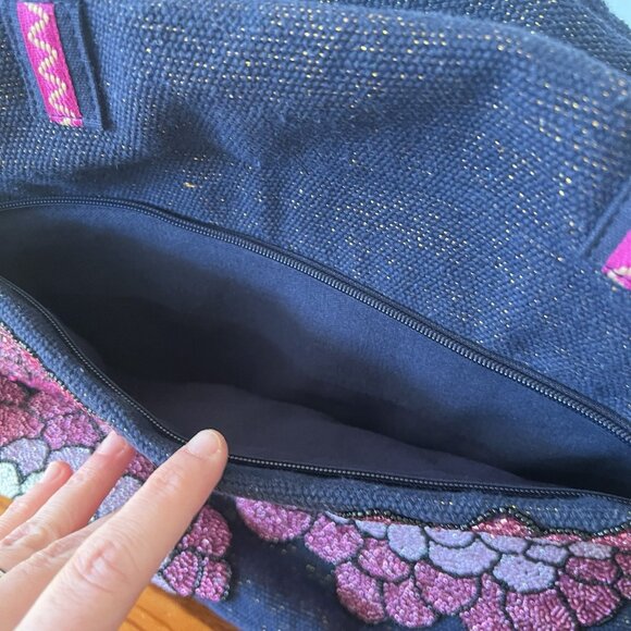 America & Beyond Embellished Floral Beaded Travel Bag Blue Pink - Picture 6 of 8